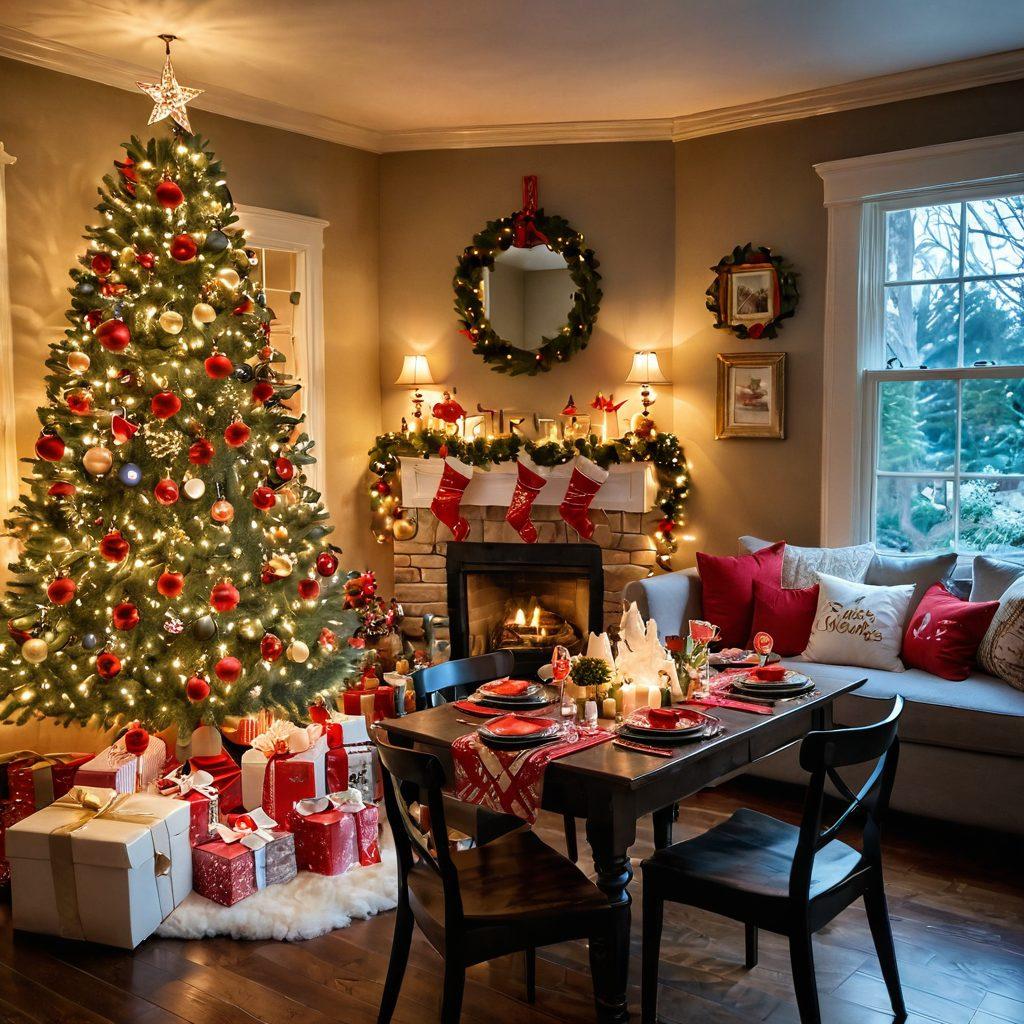 A cozy living room transformed into a festive wonderland, featuring colorful decorations, twinkling fairy lights, custom ornaments, and a beautifully adorned Christmas tree. In one corner, a table is laid out with personalized holiday treats and handwritten place cards. Soft, warm lighting enhances the inviting atmosphere, inviting the viewer to imagine celebrations. super-realistic. vibrant colors. warm ambiance.