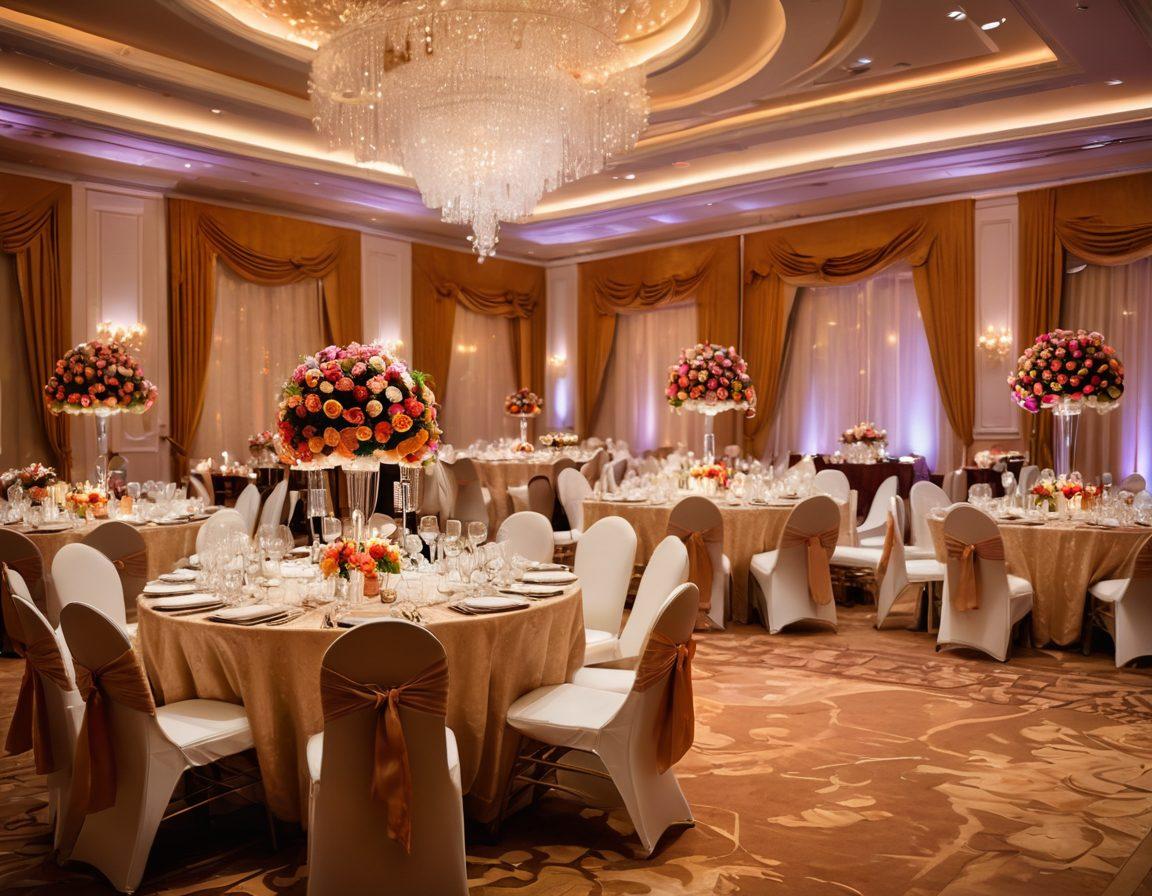 A luxurious banquet hall, elegantly decorated with vibrant floral arrangements and ambient lighting. Tables are adorned with exquisite tableware and personalized place cards, creating a stunning aesthetic. A backdrop with soft draping and artistic centerpieces sets a celebratory mood. Guests are enjoying the event, showcasing a blend of sophistication and joy. super-realistic. vibrant colors. elegant ambiance.