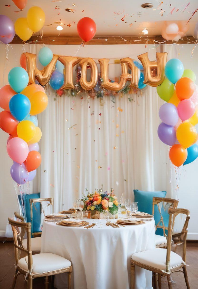 A beautifully decorated celebration space filled with personalized decor elements, including custom banners, vibrant balloons, and hand-painted table centerpieces. The ambiance is lively, with warm lighting and joyful guests mingling, exuding happiness. Include colorful party items like confetti and unique seating arrangements to enhance the festive vibe. watercolor style. bright colors. cheerful atmosphere.
